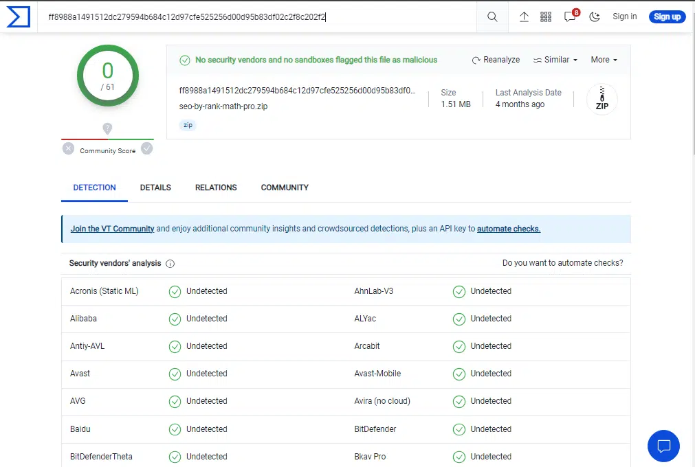 analysing the file in VirusTotal
